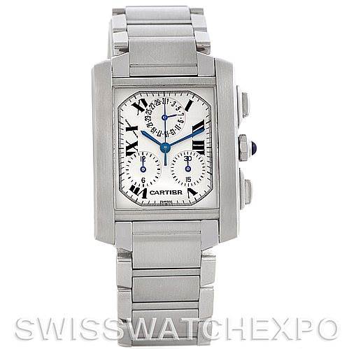 This image shows a front view of the Cartier Tank Française watch, featuring its face, bracelet, and side buttons.