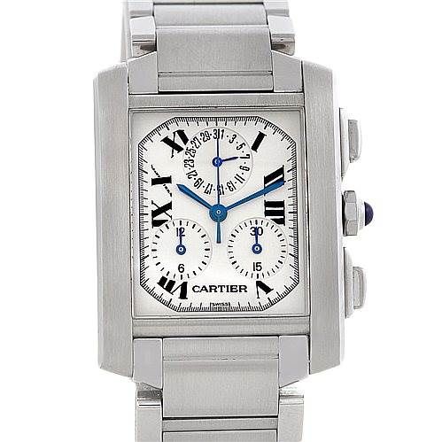 This image shows the front view of a Cartier Tank Francaise W51001Q3 Men
s Stainless Steel White Dial W51001Q3 Men
s Stainless Steel White Dial watch, highlighting its face, bezel, and strap.