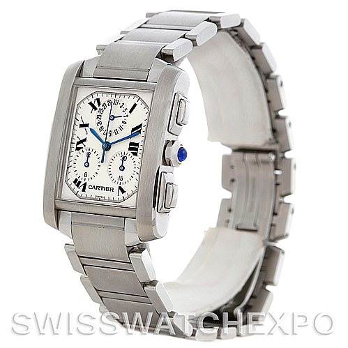 The image shows a Cartier Tank Francaise W51001Q3 Men
s Stainless Steel White Dial W51001Q3 Men
s Stainless Steel White Dial watch from a three-quarter front angle, highlighting the face, side buttons, and metal bracelet.