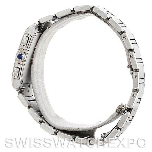 The image shows a side view of the Cartier Tank Francaise W51001Q3 Men
s Stainless Steel White Dial W51001Q3 Men
s Stainless Steel White Dial watch, highlighting the crown and bracelet links.