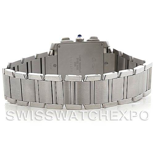 The image shows the back view of the Cartier Tank Francaise W51001Q3 Men
s Stainless Steel White Dial W51001Q3 Men
s Stainless Steel White Dial watch, displaying its stainless steel bracelet and clasp.