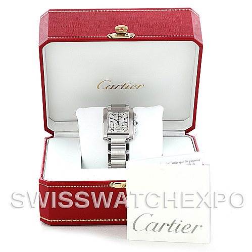 The image shows a Cartier Tank Francaise W51001Q3 Men
s Stainless Steel White Dial W51001Q3 Men
s Stainless Steel White Dial watch in its box, viewed from the front, along with accompanying paperwork.