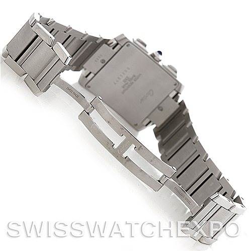 The image shows the back view and bracelet of a Tank Francaise watch by Cartier, highlighting the stainless steel links and clasp.