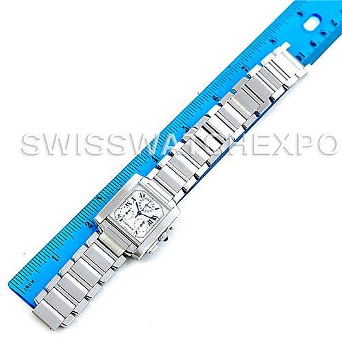 The Cartier Tank Francaise W51001Q3 Men
s Stainless Steel White Dial W51001Q3 Men
s Stainless Steel White Dial watch is displayed flat from above, next to a blue ruler for size reference.