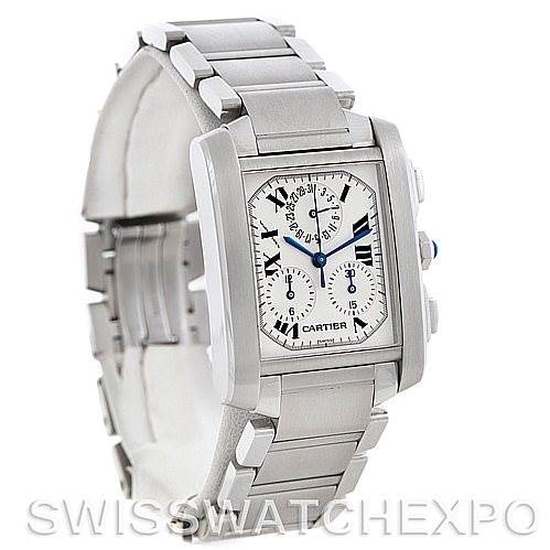This image shows a Cartier Tank Francaise W51001Q3 Men
s Stainless Steel White Dial W51001Q3 Men
s Stainless Steel White Dial watch, angled to display its face, bezel, and metal bracelet.