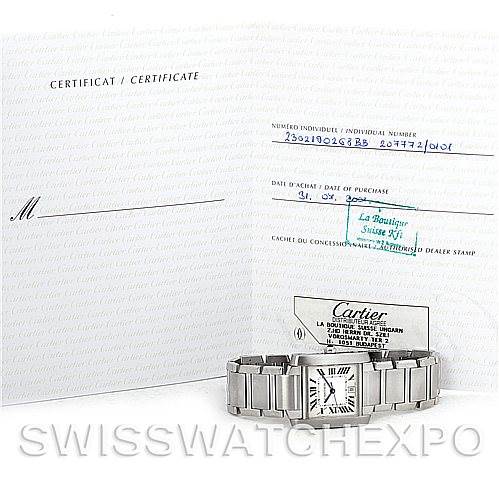 The image shows a Cartier Tank Francaise W51002Q3 Men
s Stainless Steel Silver Dial W51002Q3 Men
s Stainless Steel Silver Dial watch and its certificate, photographed from the front.