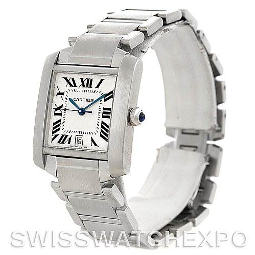 The image shows a Cartier Tank Francaise W51002Q3 Men
s Stainless Steel Silver Dial W51002Q3 Men
s Stainless Steel Silver Dial watch from a front angle, highlighting its dial, bracelet, and crown.
