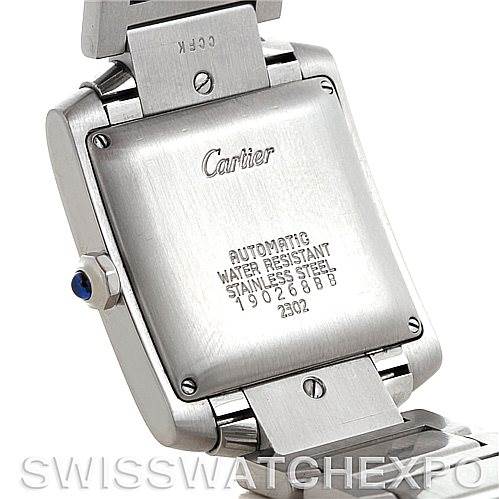 This is an angled view of the back and part of the bracelet of a Cartier Tank Francaise W51002Q3 Men
s Stainless Steel Silver Dial W51002Q3 Men
s Stainless Steel Silver Dial watch, showing its inscriptions and stainless steel case.