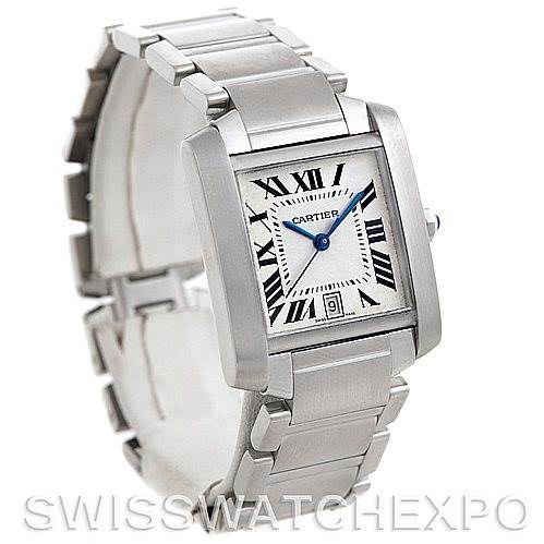 The image shows a front angle of the Cartier Tank Française model watch, highlighting its face, bracelet, and clasp.