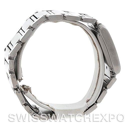 The image shows a side view of a Cartier Tank Francaise W51002Q3 Men
s Stainless Steel Silver Dial W51002Q3 Men
s Stainless Steel Silver Dial watch, highlighting the bracelet and the case thickness.