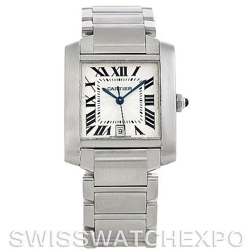 The image shows a head-on view of the Cartier Tank Francaise W51002Q3 Men
s Stainless Steel Silver Dial W51002Q3 Men
s Stainless Steel Silver Dial watch, highlighting its face, bracelet, and crown.