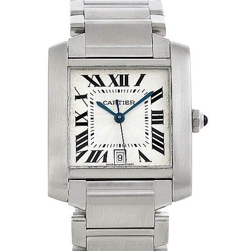 The image shows a front view of a Cartier Tank Française watch, displaying its face, bracelet, and crown.