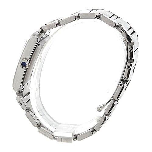 This image shows a side view of a Cartier Tank Francaise W51002Q3 Men's Stainless Steel Silver Dial W51002Q3 Men's Stainless Steel Silver Dial watch, highlighting its bracelet, clasp, and crown with a blue cabochon.