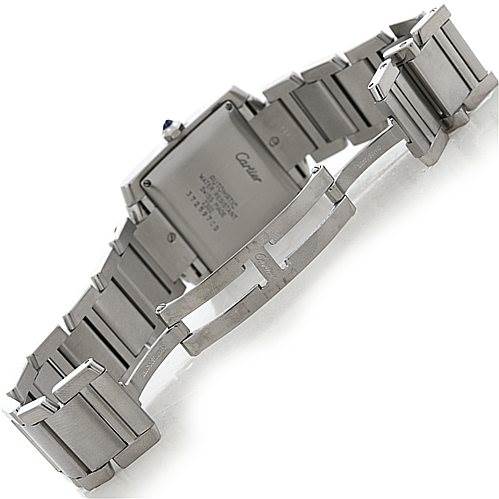 The image shows the back view of the Cartier Tank Française watch, highlighting its clasp and bracelet.