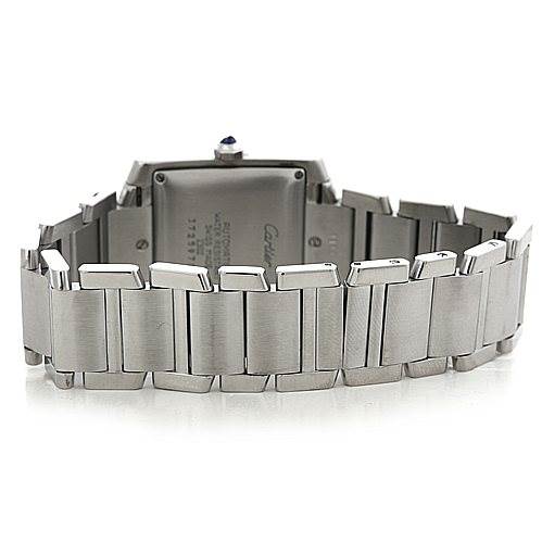 The image shows the back and metal bracelet of a Cartier Tank Française watch, displaying the clasp and part of the case.