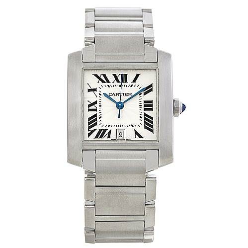 This image shows a front view of a Cartier Tank Française watch, highlighting its rectangular face, Roman numerals, and metal bracelet.