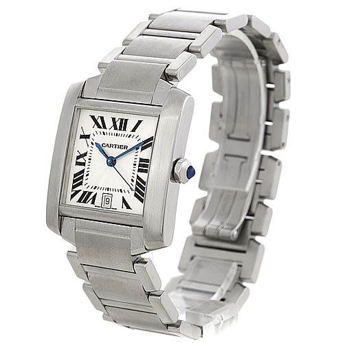 The Tank Francaise model by Cartier is shown at an angle displaying its face, band, and open clasp.