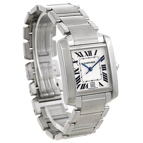 The image shows a Cartier Tank Francaise W51002Q3 Men's Stainless Steel Silver Dial W51002Q3 Men's Stainless Steel Silver Dial watch, angled to display the face, bracelet, and clasp.