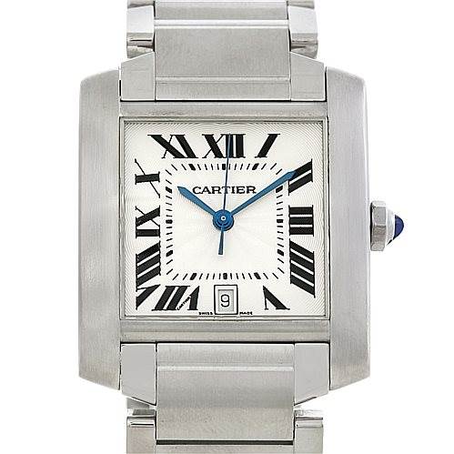 The image shows a front view of the Cartier Tank Française watch, focusing on the dial, case, and part of the bracelet.