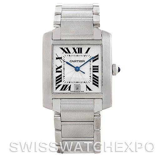 This image shows a front view of a Cartier Tank Francaise W51002Q3 Men's Stainless Steel Silver Dial W51002Q3 Men's Stainless Steel Silver Dial watch, displaying its dial, bracelet, and crown.