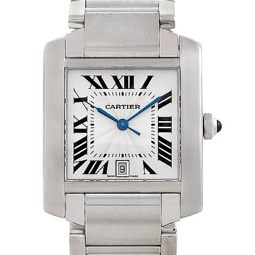 The image shows a frontal view of the Cartier Tank Francaise W51002Q3 Men's Stainless Steel Silver Dial W51002Q3 Men's Stainless Steel Silver Dial watch, displaying its face, bezel, crown, and part of the bracelet.