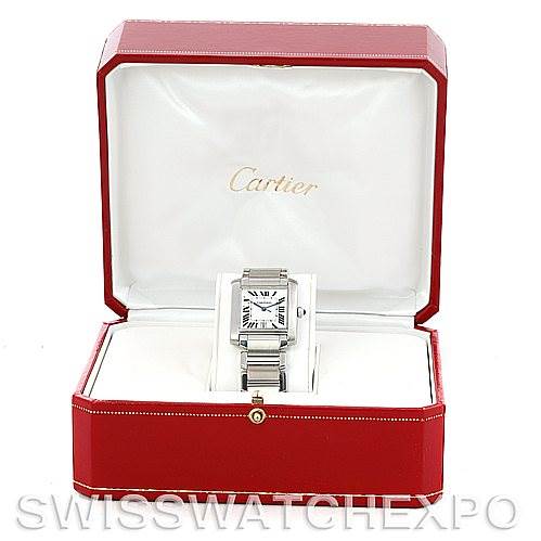 The image shows a Cartier Tank Française watch in a red Cartier box, photographed from a front angle with the watch face visible.
