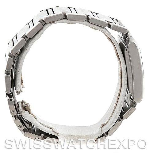 This image shows a side view of the Cartier Tank Francaise W51002Q3 Men's Stainless Steel Silver Dial W51002Q3 Men's Stainless Steel Silver Dial watch, highlighting its metal bracelet and the crown.