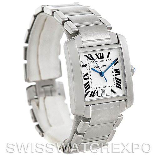 This image shows a Cartier Tank Francaise W51002Q3 Men's Stainless Steel Silver Dial W51002Q3 Men's Stainless Steel Silver Dial model watch at a three-quarter angle, displaying its bracelet, rectangular case, and dial with Roman numerals.