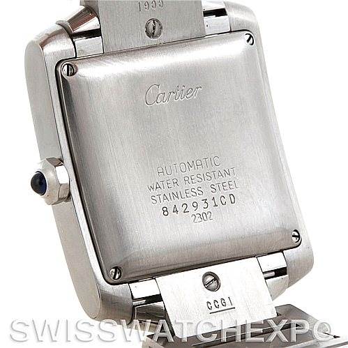 This image shows the back case of a Cartier Tank Française watch, highlighting its automatic movement, water resistance, and serial number.