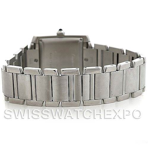 The image shows the back view of the Cartier Tank Francaise W51002Q3 Men's Stainless Steel Silver Dial W51002Q3 Men's Stainless Steel Silver Dial watch, highlighting its stainless steel bracelet and case back.