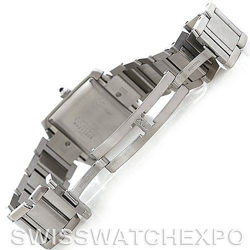 This image displays the underside of the Cartier Tank Francaise W51002Q3 Men's Stainless Steel Silver Dial W51002Q3 Men's Stainless Steel Silver Dial watch, showcasing its stainless steel bracelet and clasp mechanism.