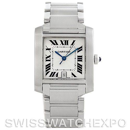 The image shows a frontal view of a Cartier Tank Francaise W51002Q3 Men's Stainless Steel Silver Dial W51002Q3 Men's Stainless Steel Silver Dial watch, displaying its face, bracelet, and the crown with a blue cabochon.