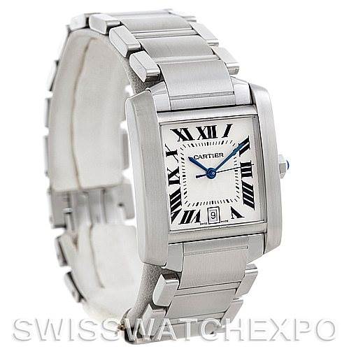 The Cartier Tank Francaise W51002Q3 Men's Stainless Steel Silver Dial W51002Q3 Men's Stainless Steel Silver Dial watch is shown from an angled front view, displaying its square face, Roman numerals, and metal bracelet.