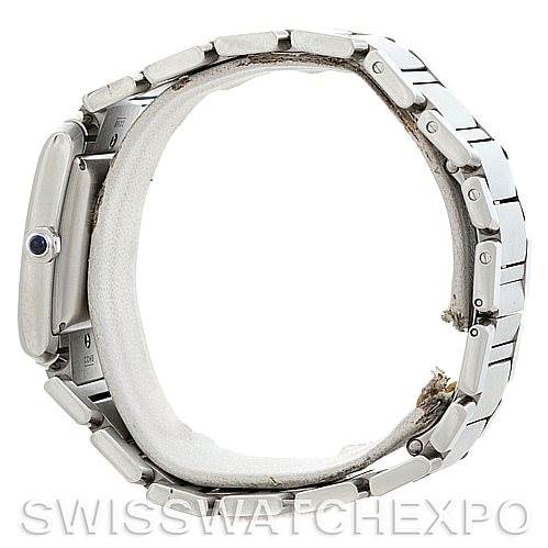 The image shows the side view of a Cartier Tank Francaise W51002Q3 Men's Stainless Steel Silver Dial W51002Q3 Men's Stainless Steel Silver Dial watch, highlighting its case and stainless steel bracelet.