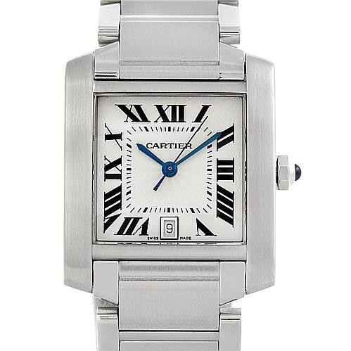 The image shows a front view of the Cartier Tank Francaise W51002Q3 Men's Stainless Steel Silver Dial W51002Q3 Men's Stainless Steel Silver Dial watch, featuring its dial, blue hands, and stainless steel bracelet.