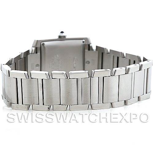 This image shows the back view of the Cartier Tank Francaise W51002Q3 Men's Stainless Steel Silver Dial W51002Q3 Men's Stainless Steel Silver Dial watch, focusing on the bracelet and clasp.