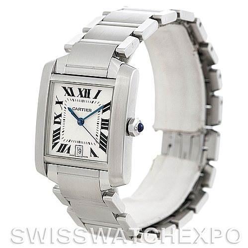 This Cartier Tank Francaise W51002Q3 Men's Stainless Steel Silver Dial W51002Q3 Men's Stainless Steel Silver Dial watch is displayed at a three-quarter angle, showing the face, crown, and bracelet.