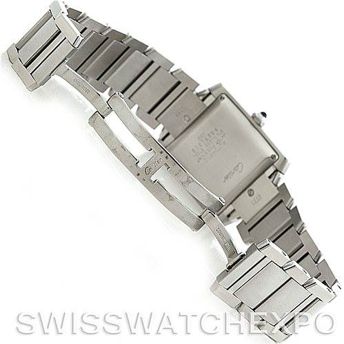 This image shows the back case and stainless steel bracelet of the Cartier Tank Française watch, viewed from an angled underside perspective.