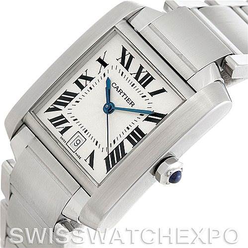 This image shows a close-up angle of the Cartier Tank Française, highlighting the face, bezel, and part of the bracelet.