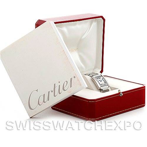 The image shows a Cartier Tank Francaise W51002Q3 Men's Stainless Steel Silver Dial W51002Q3 Men's Stainless Steel Silver Dial watch at an angle inside its open red and beige box.