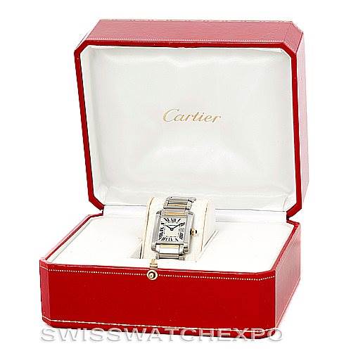 The image shows the Cartier Tank Francaise W51012Q4 Women's Steel and Gold (two tone) Silver Dial W51012Q4 Women's Steel and Gold (two tone) Silver Dial watch in a red Cartier box, viewed from the front with the lid open.