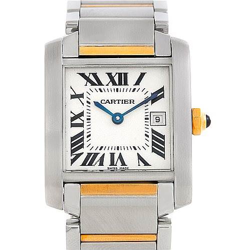 This image shows a front view of the Cartier Tank Francaise W51012Q4 Women's Steel and Gold (two tone) Silver Dial W51012Q4 Women's Steel and Gold (two tone) Silver Dial watch, highlighting its dial, bracelet, and crown.