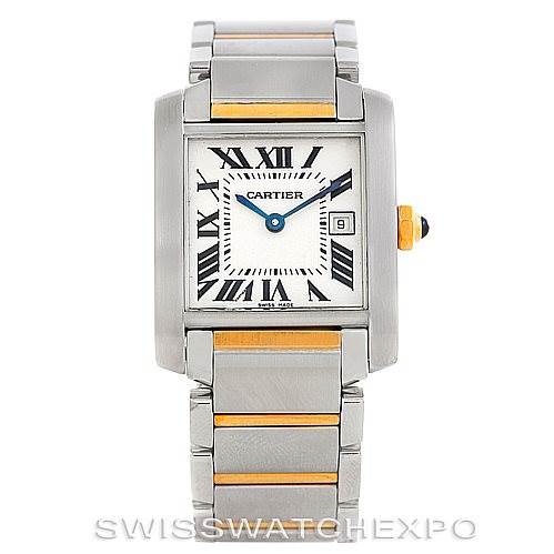 The image shows a front view of the Cartier Tank Française watch, highlighting its face, bezel, and bracelet with gold accents.