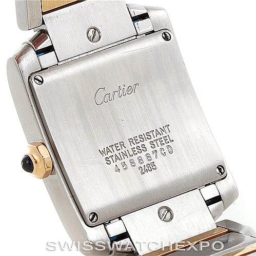 The image shows the back case of a Cartier Tank Francaise W51012Q4 Women's Steel and Gold (two tone) Silver Dial W51012Q4 Women's Steel and Gold (two tone) Silver Dial watch, highlighting its stainless steel and water-resistant features.