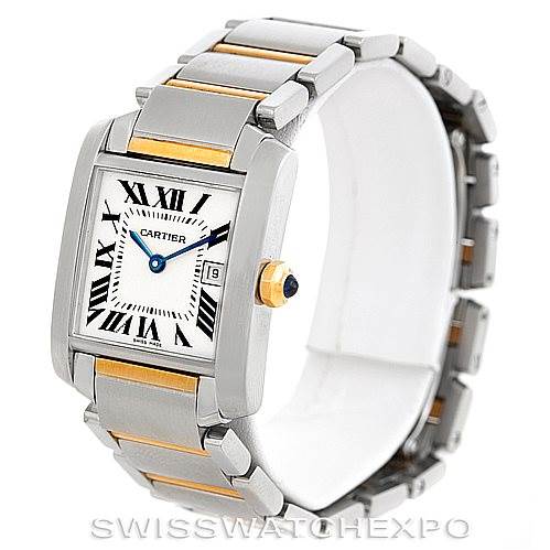 The image shows a Cartier Tank Française watch at an angle, displaying the face, bezel, crown, and part of the metal bracelet.