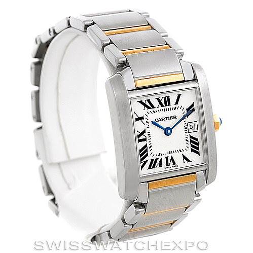 The image shows a Cartier Tank Francaise W51012Q4 Women's Steel and Gold (two tone) Silver Dial W51012Q4 Women's Steel and Gold (two tone) Silver Dial watch from a front-left angle, displaying the face, bezel, and bracelet.