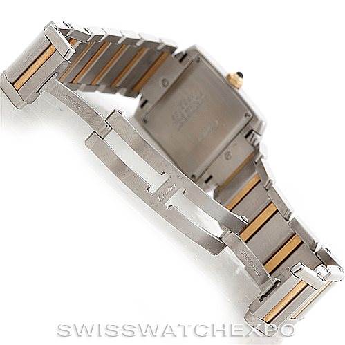 The image shows the back and strap of a Cartier Tank Francaise W51012Q4 Women's Steel and Gold (two tone) Silver Dial W51012Q4 Women's Steel and Gold (two tone) Silver Dial watch featuring its clasp and two-tone links.