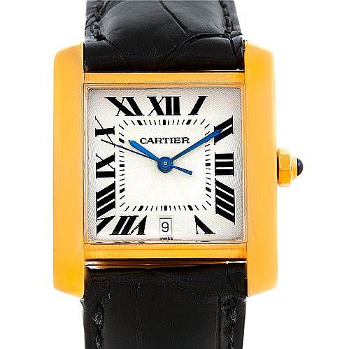 The image shows a front view of a Cartier Tank Francaise W5000156 Men's Yellow Gold Silver Dial W5000156 Men's Yellow Gold Silver Dial watch, displaying its rectangular face, Roman numerals, and black leather strap.