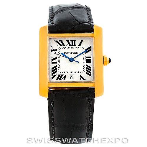 The image shows a frontal view of a Cartier Tank Francaise W5000156 Men's Yellow Gold Silver Dial W5000156 Men's Yellow Gold Silver Dial watch, highlighting its rectangular case, Roman numeral dial, and black leather strap.