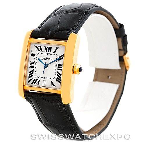The image shows a front and side angle of a Cartier Tank Francaise W5000156 Men's Yellow Gold Silver Dial W5000156 Men's Yellow Gold Silver Dial watch, highlighting the gold case, black leather band, and Roman numeral dial.